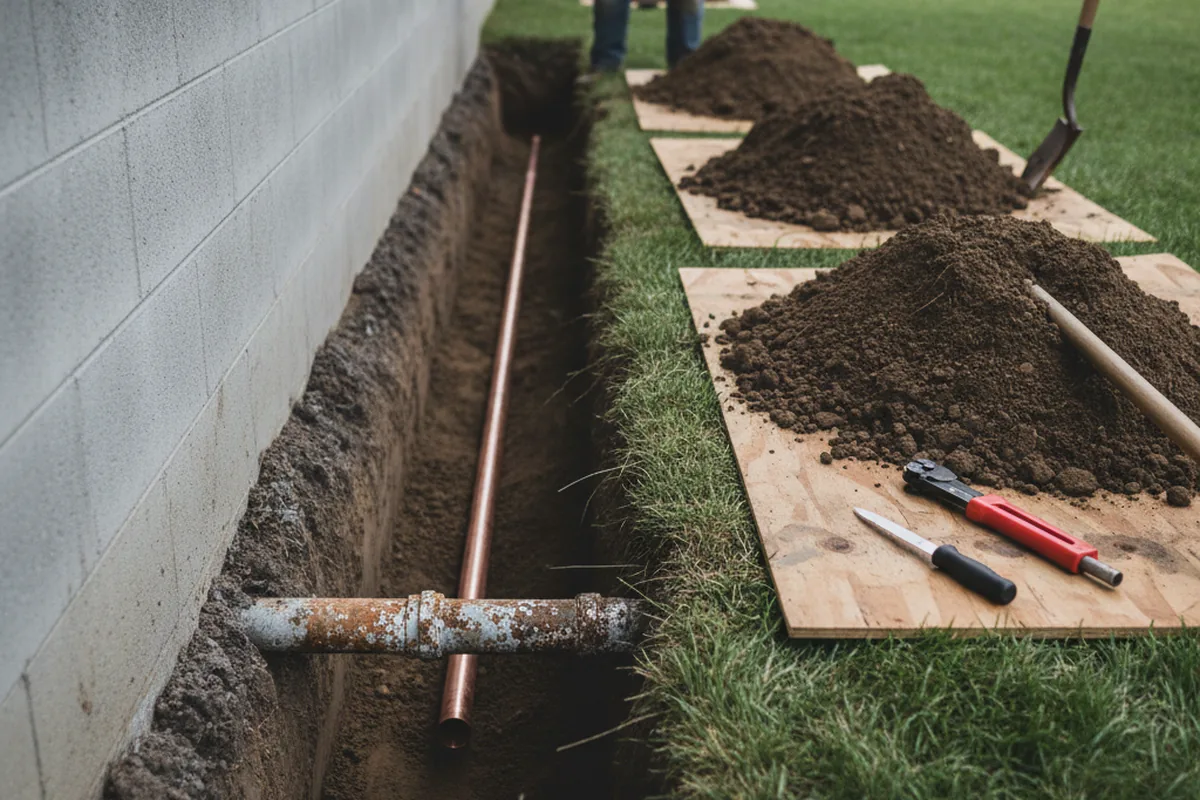 Excavated water line trench during Sewer Line Repair in Refton